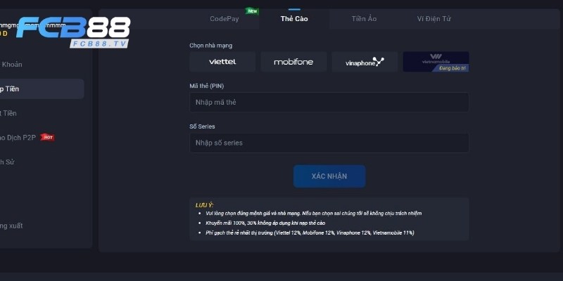 Nạp tiền vào nhà cái qua Thẻ cào