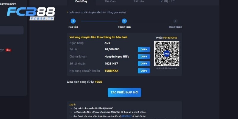 Chi tiết các bước nạp tiền FC88 bằng QR Code